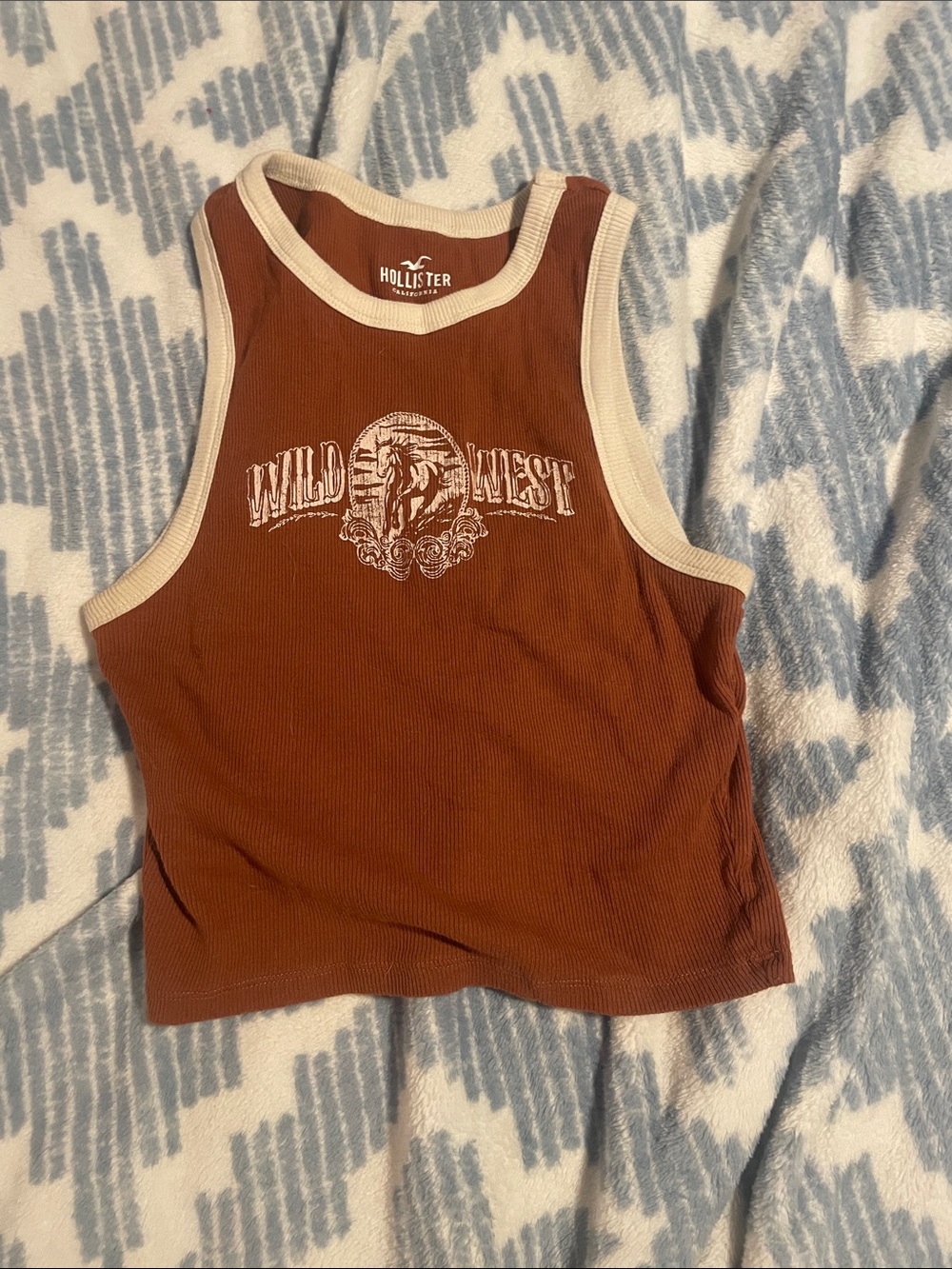 Hollister Burnt Orange Ribbed Tank with Cream Trim and Wild West Graphic